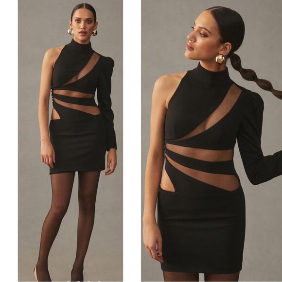 PatBO Spiral One Sleeve Black Illusion High Neck Asymmetric Mesh Mini Dress Sz 0 - Picture 2 of 14